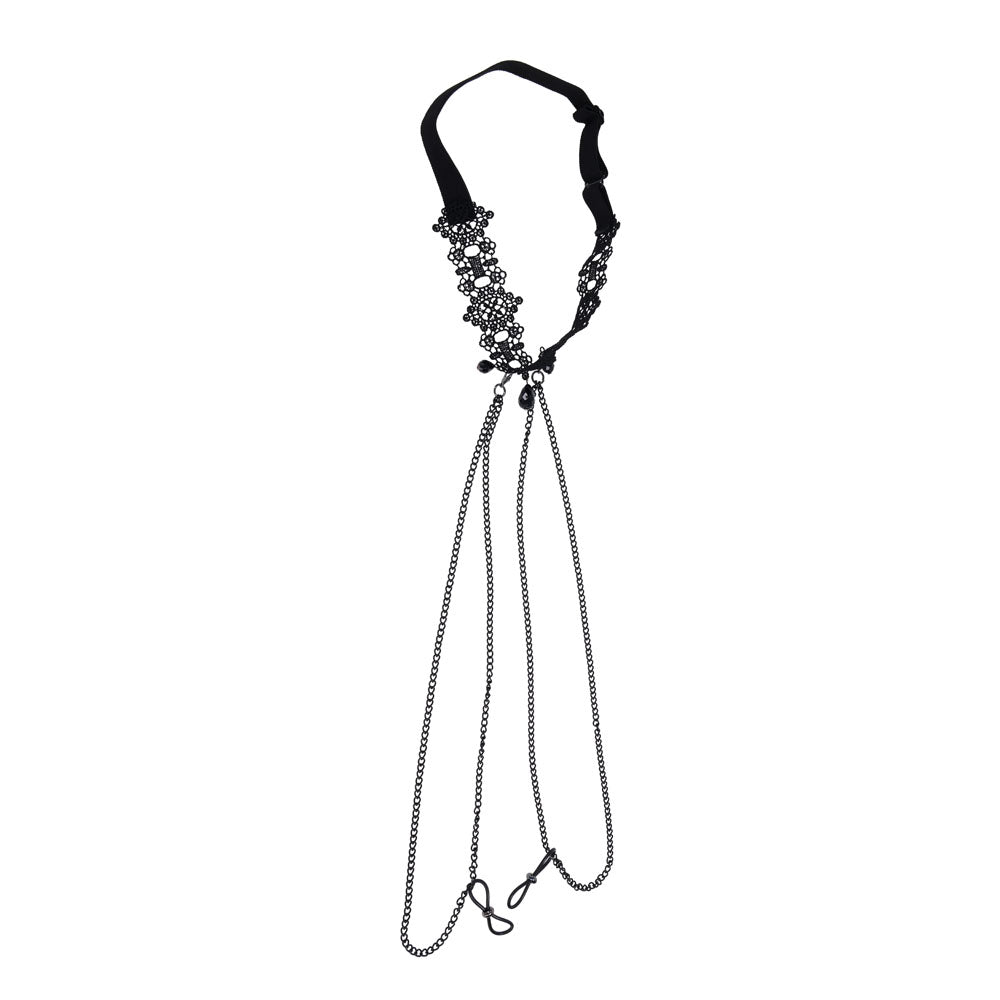 Sex & Mischief Lace Collar with Nipple Ties - Neck and Nipple Restraints featuring ornate design and black gemstones.