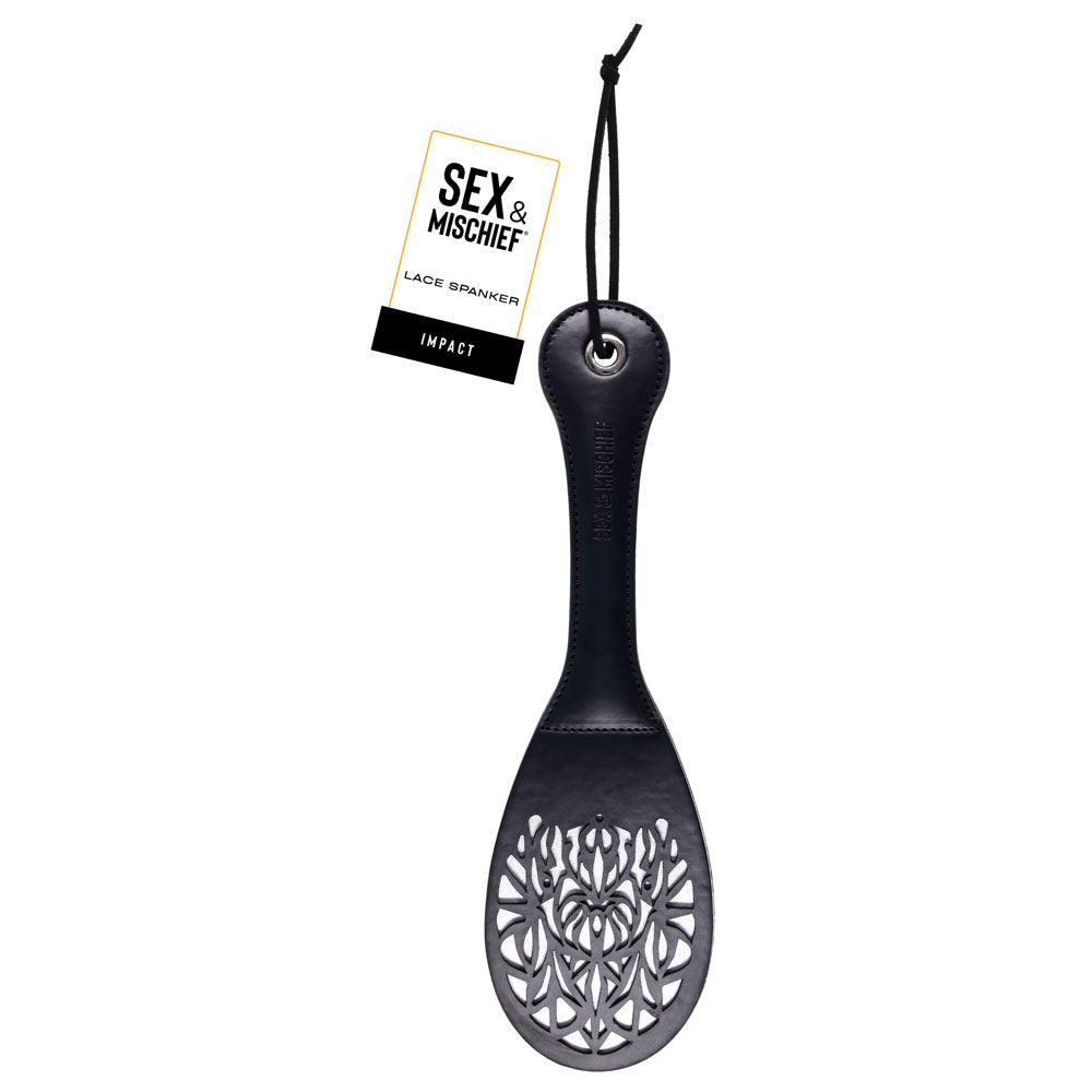 Sex & Mischief Lace Spanker -  Spanking Paddle with intricate lace cutout design and faux leather finish.
