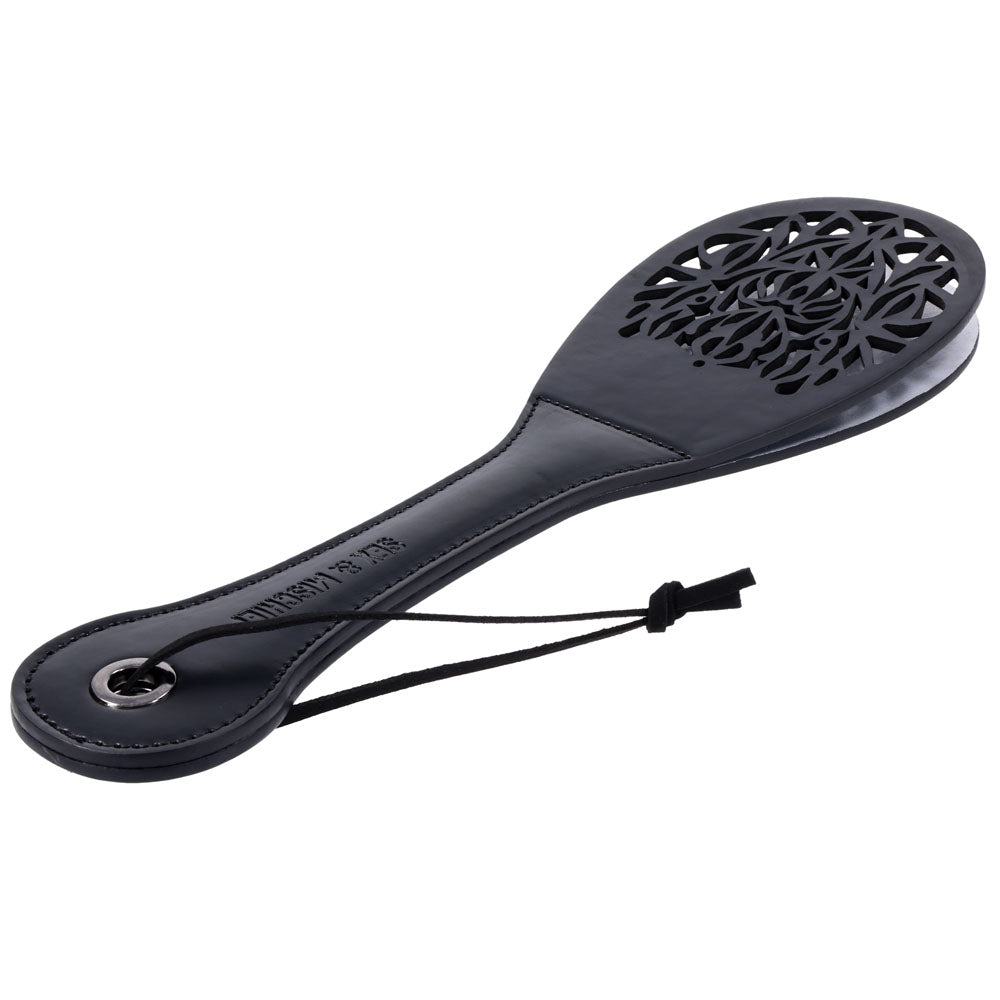 Sex & Mischief Lace Spanker - Spanking Paddle made from faux leather with intricate lace details for sensual pleasure.
