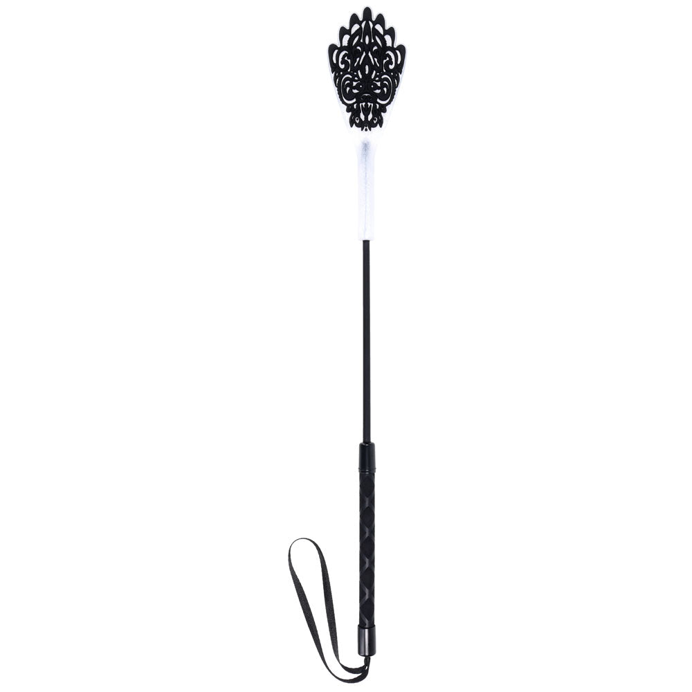 Sex & Mischief Lace Silicone Crop - /White 50 cm Crop Whip featuring a lace-patterned tip and sleek design.
