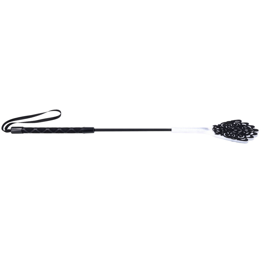 Sex & Mischief Lace Silicone Crop - /White 50 cm Crop Whip featuring a lace-patterned silicone tip for tantalizing pleasure.
