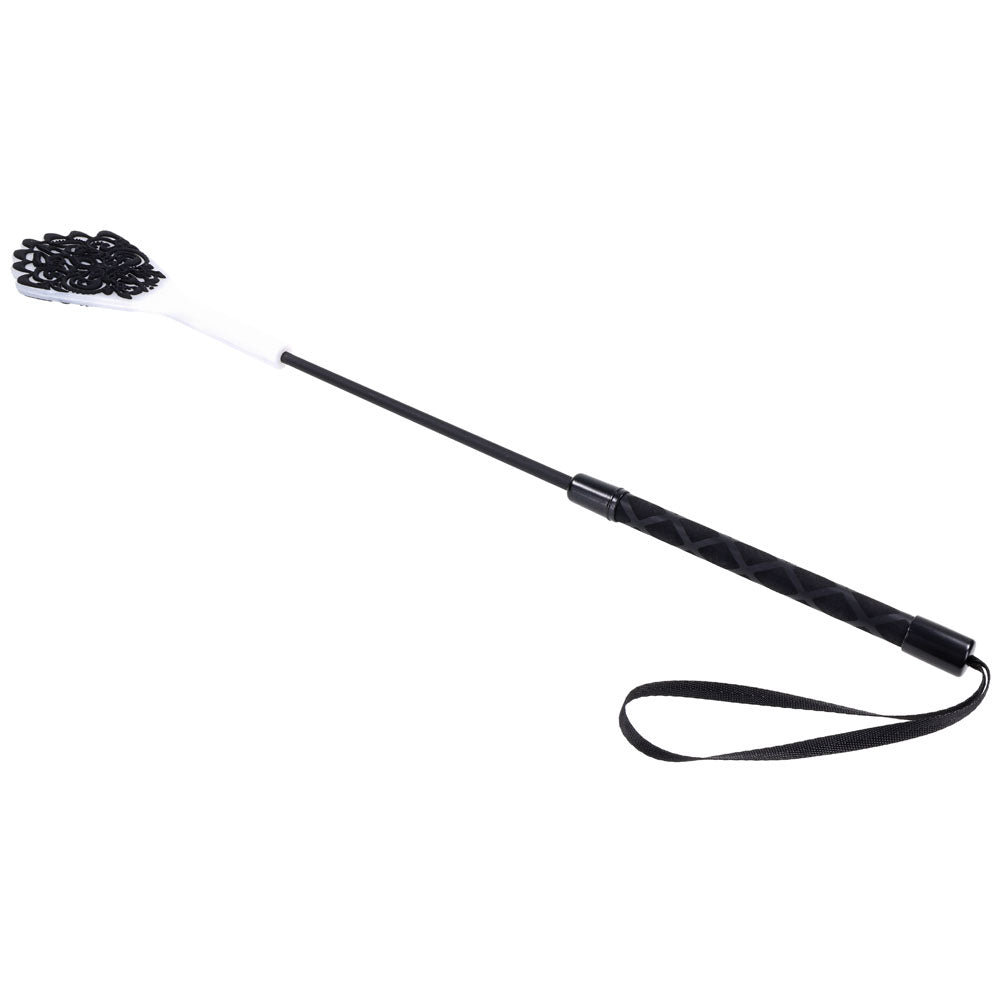 Sex & Mischief Lace Silicone Crop - /White 50 cm Crop Whip, featuring a lace-patterned tip for sensual play.