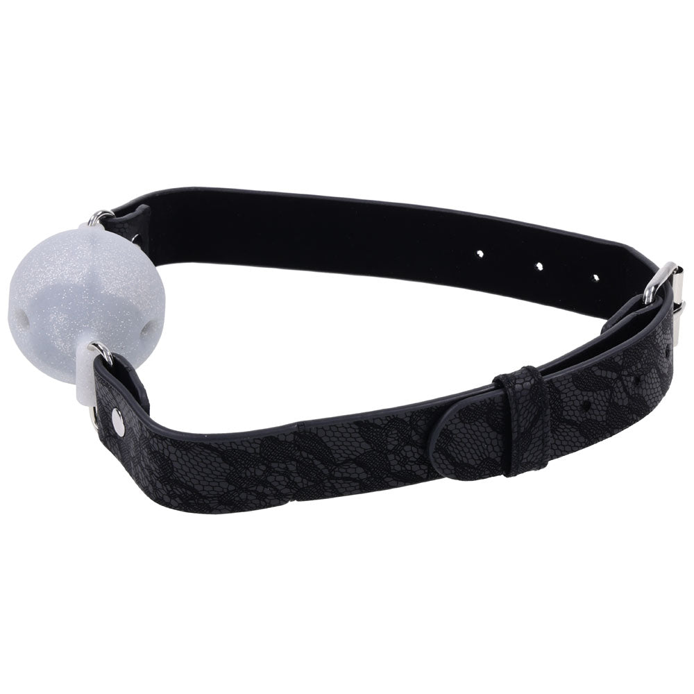 Sex & Mischief Lace Silicone Breathable Ball Gag - Black/Grey Mouth Restraint for intimate essentials.