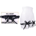 Sex & Mischief Laced Up Garters -  Garters on display with black satin ribbons and faux leather panels.