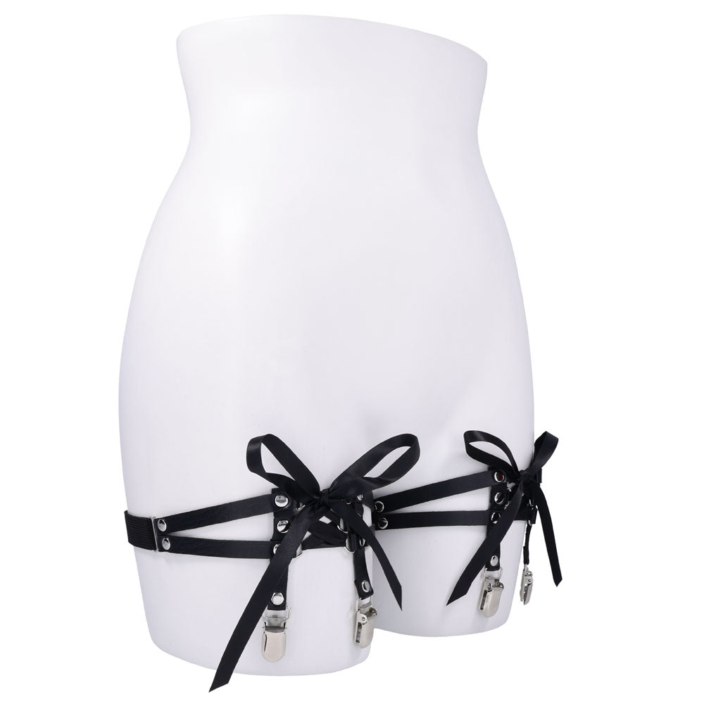 Sex & Mischief Laced Up Garters -  Garters with black satin ribbon and faux leather design on a mannequin