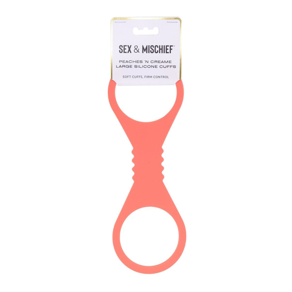 Sex & Mischief Peaches n CreaMe Large Silicone Cuffs - Peach Large Silicone Restraints with packaging.