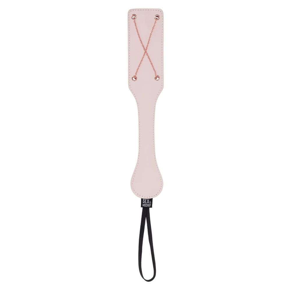Sex & Mischief Peaches n CreaMe Chain Impressions Paddle - Peach Spanking Paddle on display with rose gold detailing.