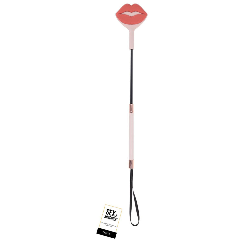 Sex & Mischief Peaches n CreaMe Kiss Crop - Peach Lip Tipped Crop Whip featuring a silicone lip design and rose gold accents.