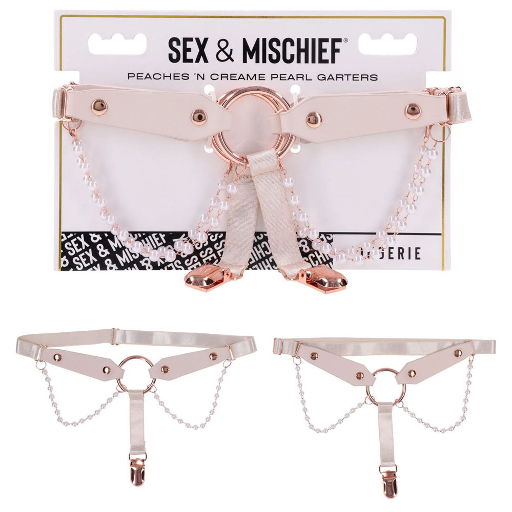 Sex & Mischief Peaches n CreaMe Pearl Garters - Peach / Rose Gold Garters with Pearls - Set of 2 on display