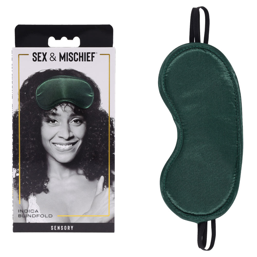 Sex & Mischief Indica Blindfold - Eye Mask in emerald green satin for heightened sensations and comfort.