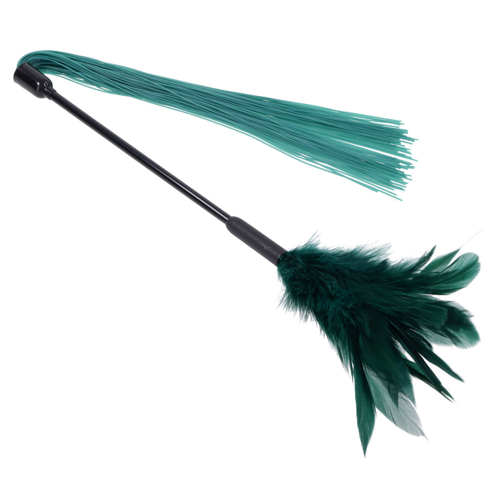 Sex & Mischief Indica Feather Tickler -  Feather Tickler Whip, featuring soft green feathers and silicone falls for sensory play.