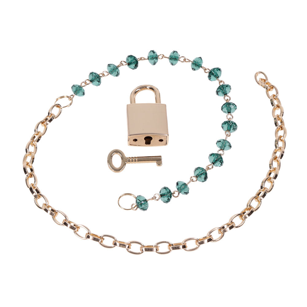 Sex & Mischief Indica Crystal Day Collar - Gold/Emerald Lockable Collar featuring green gems and custom gold lock.
