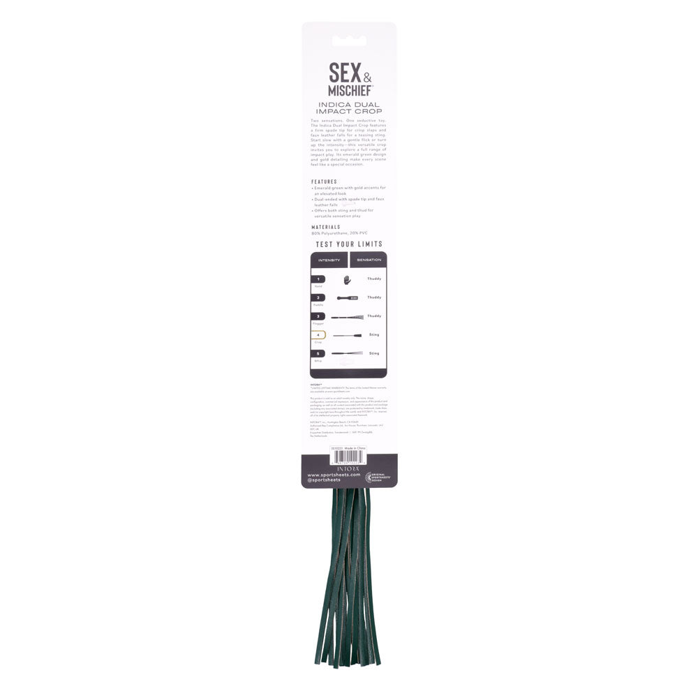 Sex & Mischief Indica Dual Impact Crop - Crop Whip packaging with features and instructions on the back.