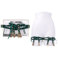 Sex & Mischief Indica Laced Up Garters - /Gold Garters - Set of 2 displayed on a mannequin with emerald faux leather and gold clips.