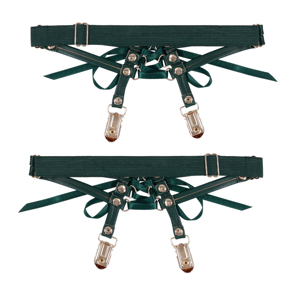 Sex & Mischief Indica Laced Up Garters - /Gold Garters - Set of 2, emerald faux leather with silky green satin laces.