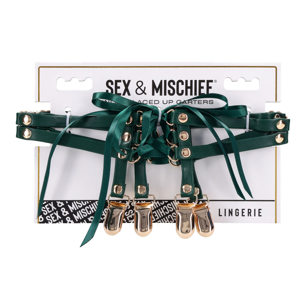 Sex & Mischief Indica Laced Up Garters - /Gold Garters - Set of 2 displayed on a product package.