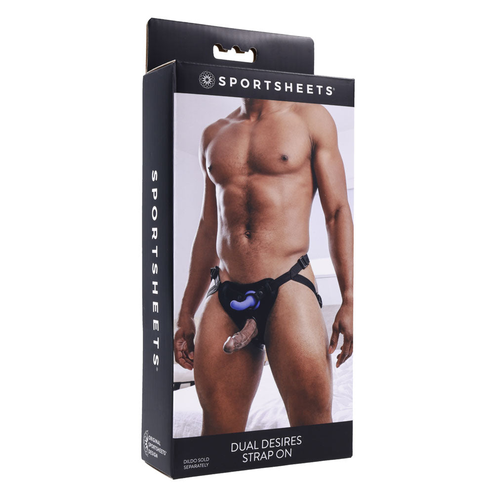 SPORTSHEETS Dual Desires Strap On -  Adjustable Strap-On Harness (No Probe Included) packaging display.