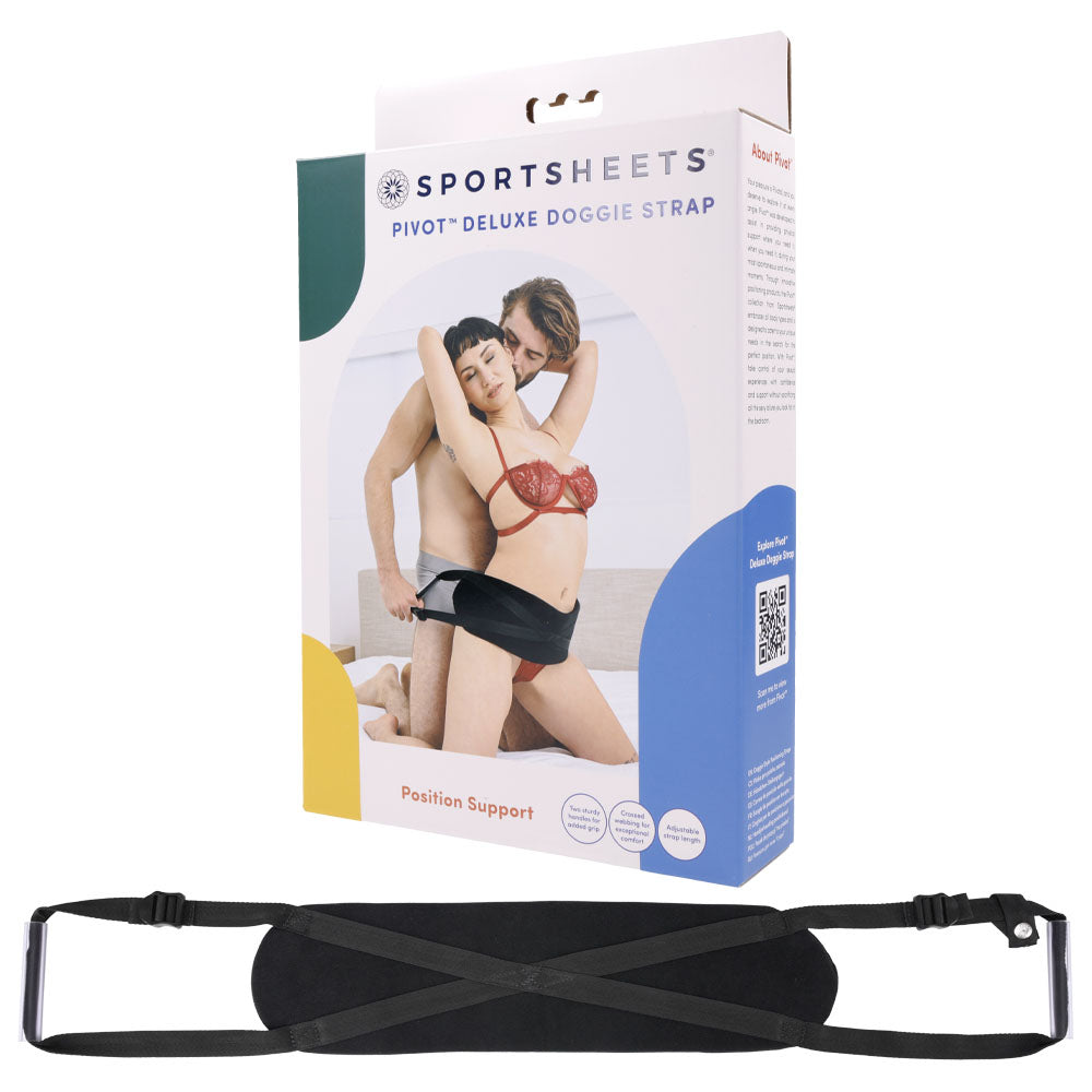 Pivot Deluxe Doggie Strap -  Position Harness Strap packaging with model couple demonstrating use for intimacy.