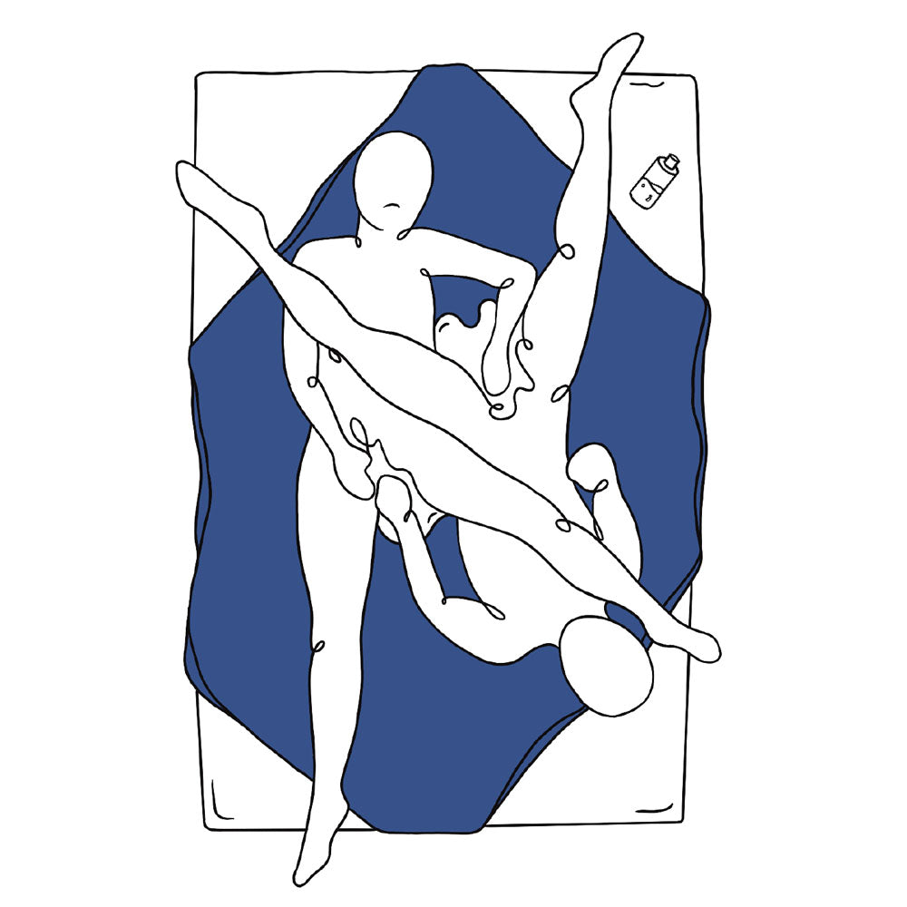 Illustration of the Pivot Protector - Triple-Layered Waterproof Blanket in use with abstract figures.