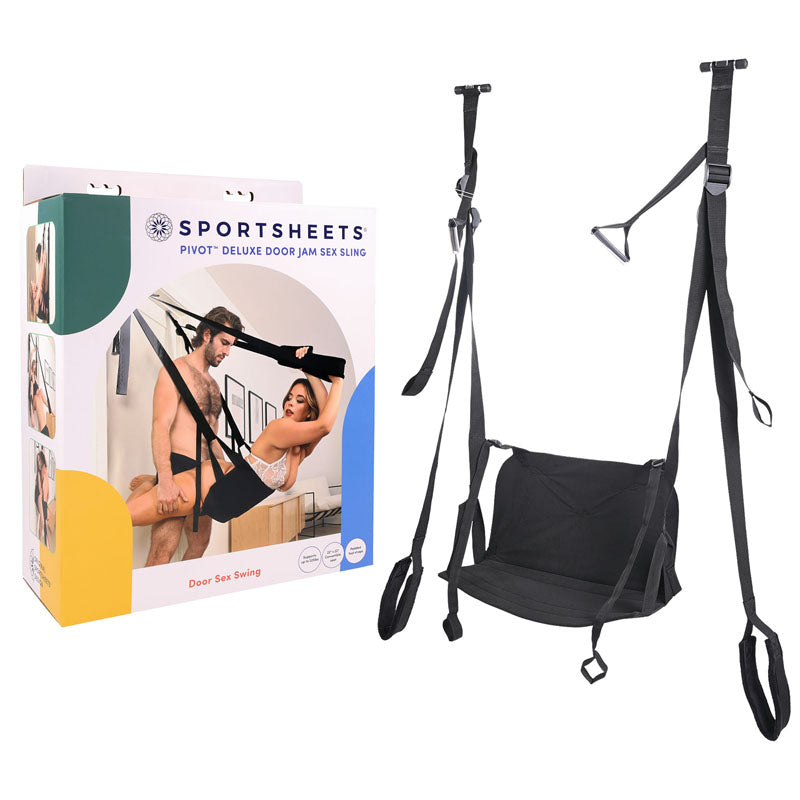 Pivot Deluxe Door Jam Sex Sling -  Door Swing featuring couples in an intimate setting with the black sling.