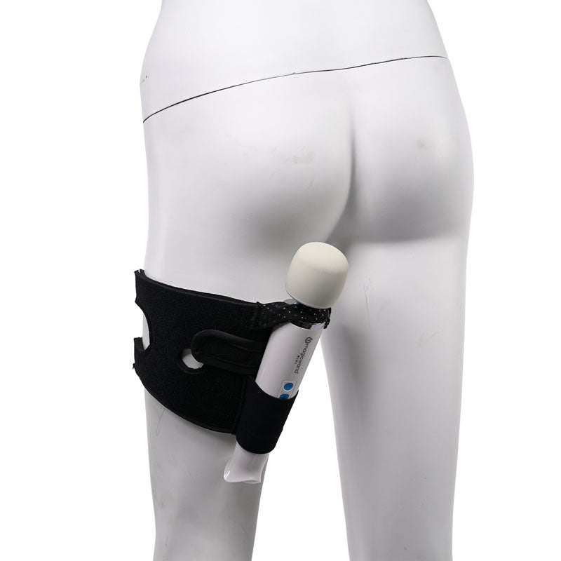 Pivot 2 in 1 Forced-O Strap - Thigh Harness for Massagers securely holding a wand vibrator on a model.
