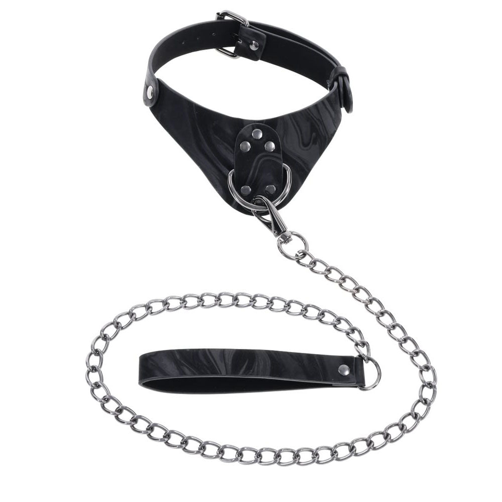 SPORTSHEETS Velvet Noir Collar & Leash - Restraint & Leash featuring a stylish black design with a metal chain.