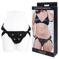 SPORTSHEETS Velvet Noir Strap On -  Adjustable Strap-On Harness (No Probe Included) displayed on a mannequin with packaging.