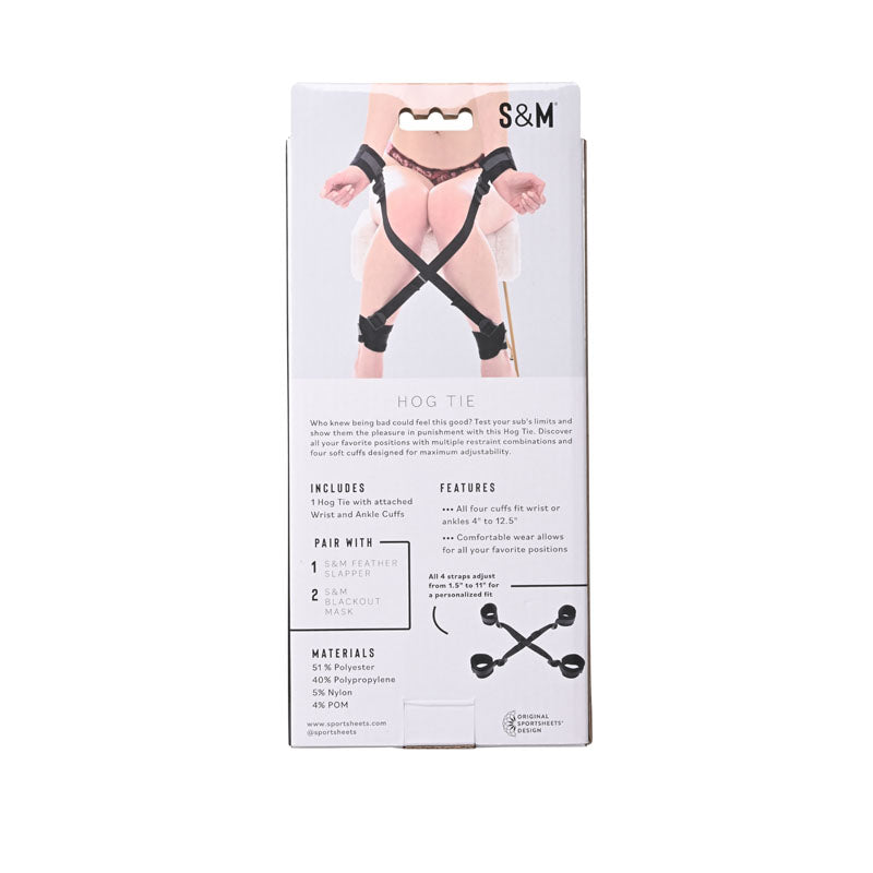 Sex & Mischief Hog Tie - Restraint packaging with features and materials description for adult play.