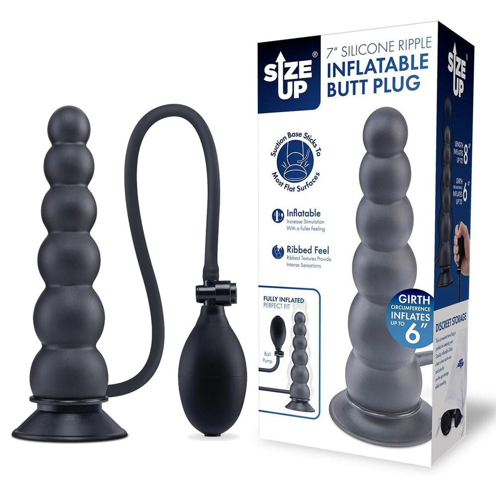 Size Up 7 Inch Ripple Inflatable Butt Plug -  20.3 cm Inflatable Butt Plug with ribbed texture and suction cup base.