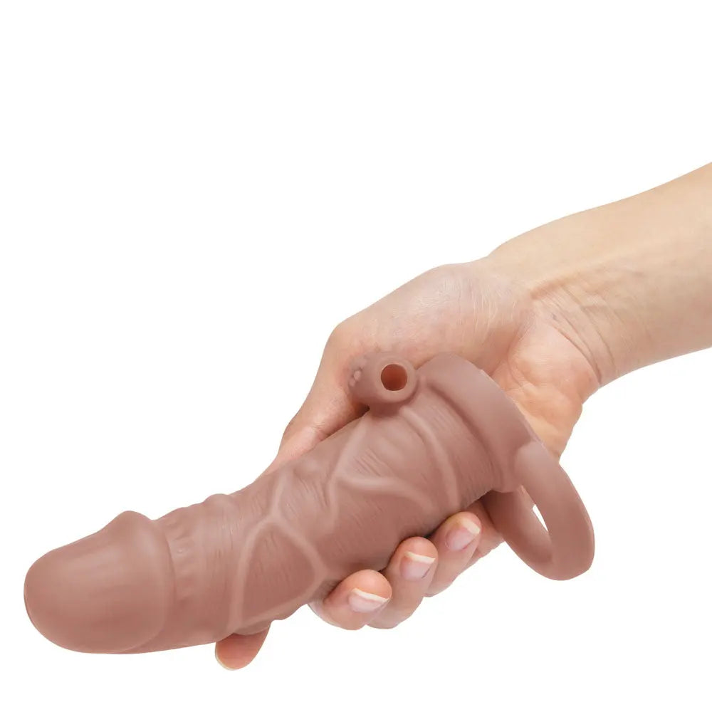 Size Up Vibrating 1 Inch Penis Extender + Ball Loop - Tan 2.5 cm (1'') Vibrating Penis Extension Sleeve Xgen Products Discreet Intimate Essentials.