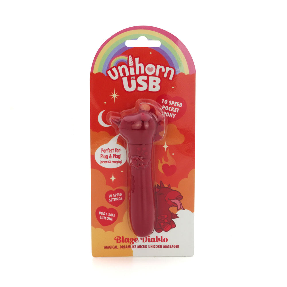 Unihorn - USB Bullet - Blaze Diablo - USB Rechargeable Vibrating Bullet packaging with 10 speed settings and playful design.