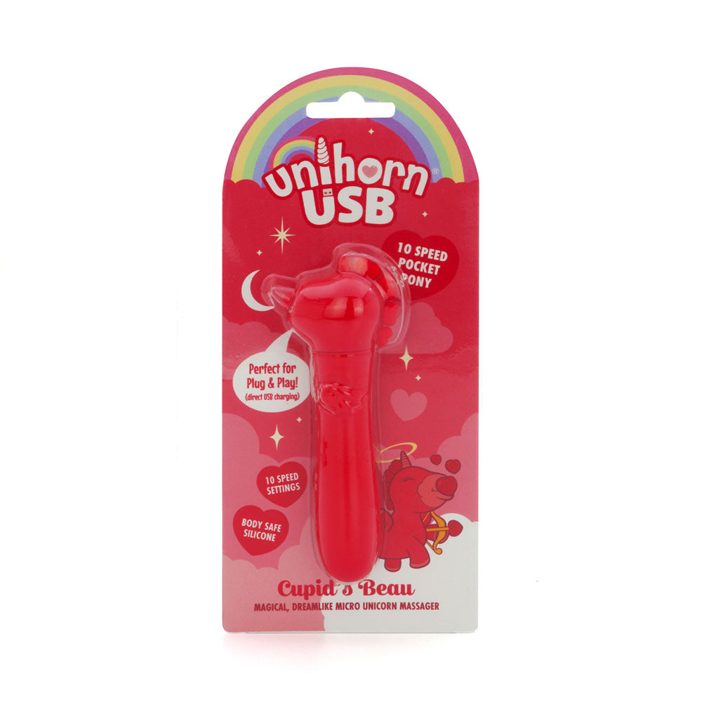 Unihorn - USB Bullet - Cupid's Beau - USB Rechargeable Vibrating Bullet packaging showcasing its playful design and features.