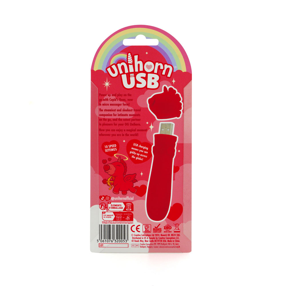 Unihorn - USB Bullet - Cupid's Beau - USB Rechargeable Vibrating Bullet packaging featuring 10 speed settings and pink design.