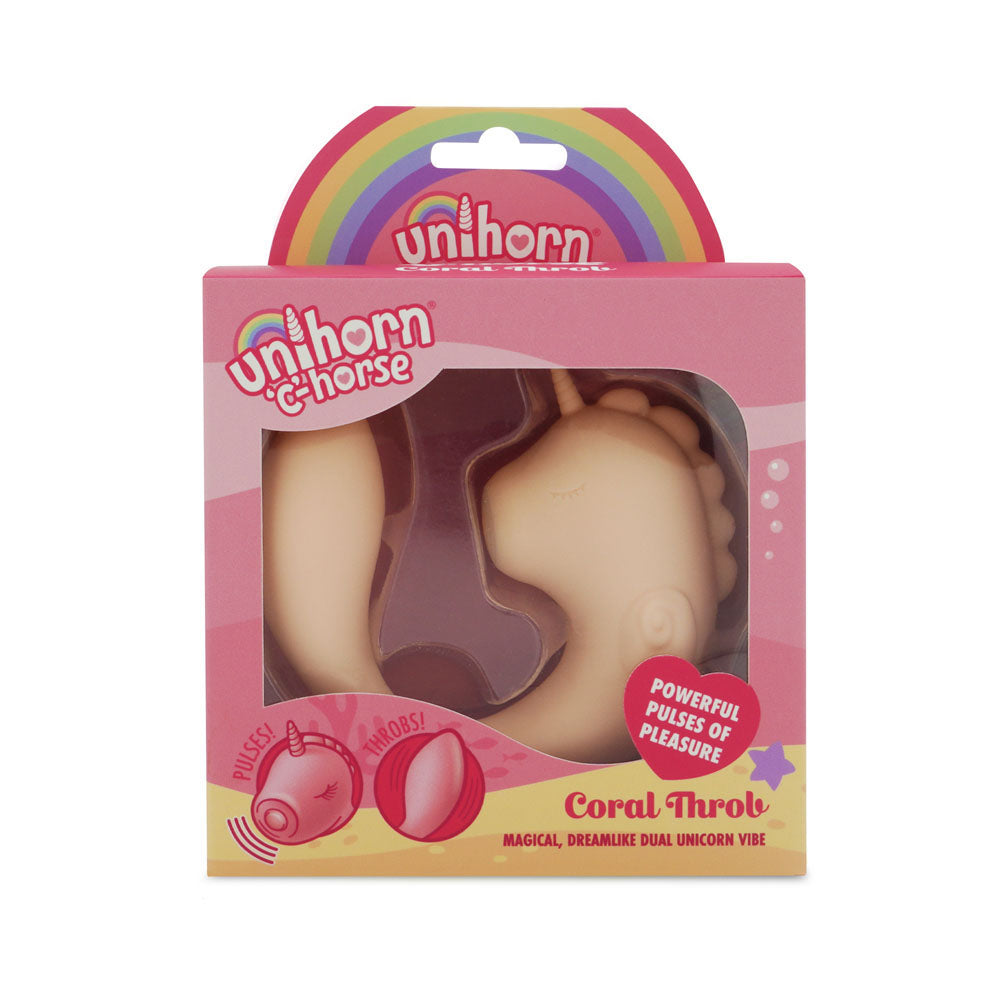 Unihorn - C Horse - Coral Throb - Coral USB Rechargeable Dual Unicorn Vibrator in packaging, featuring dual motors and soft silicone.