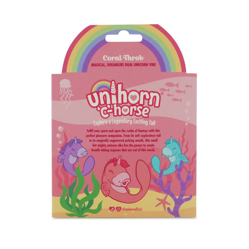 Unihorn - C Horse - Coral Throb - Coral USB Rechargeable Dual Unicorn Vibrator packaging with colorful illustrations.