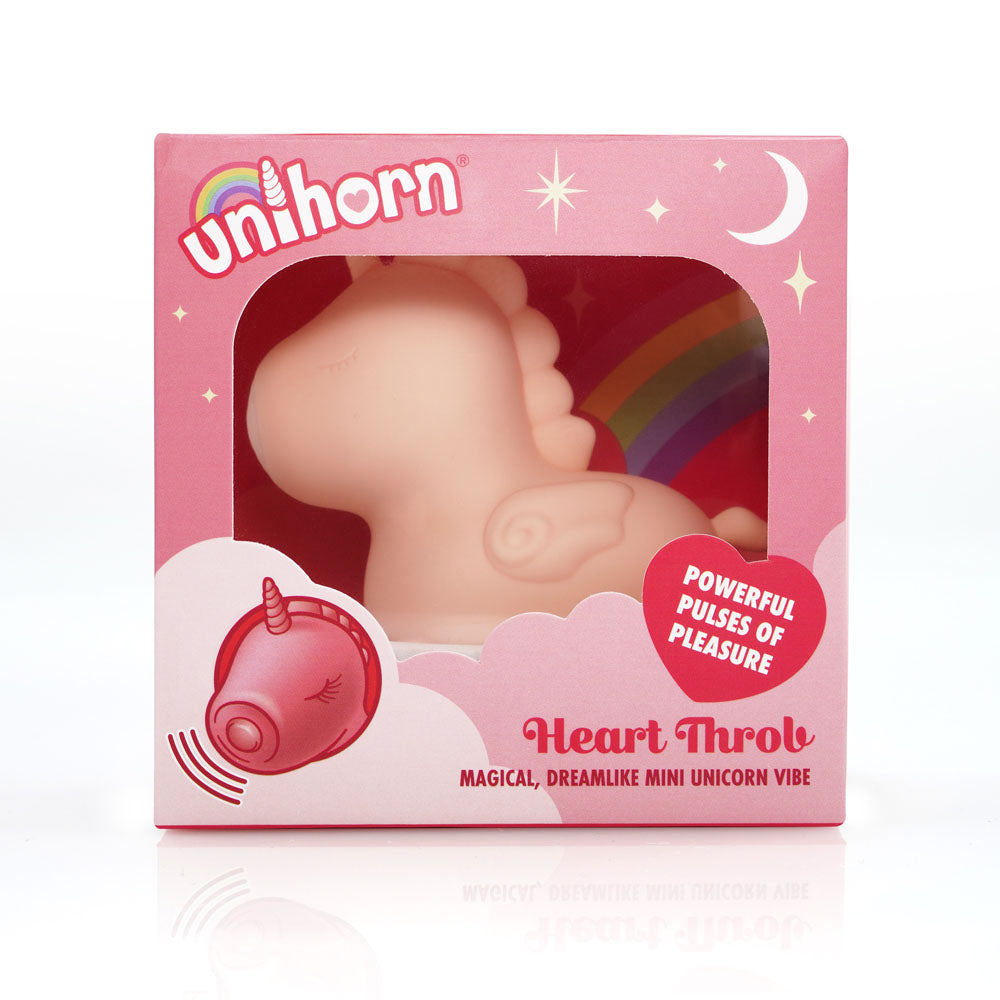 Unihorn - Heart Throb - Coral USB Rechargeable Flicking Stimulator packaging, featuring a cute unicorn design.