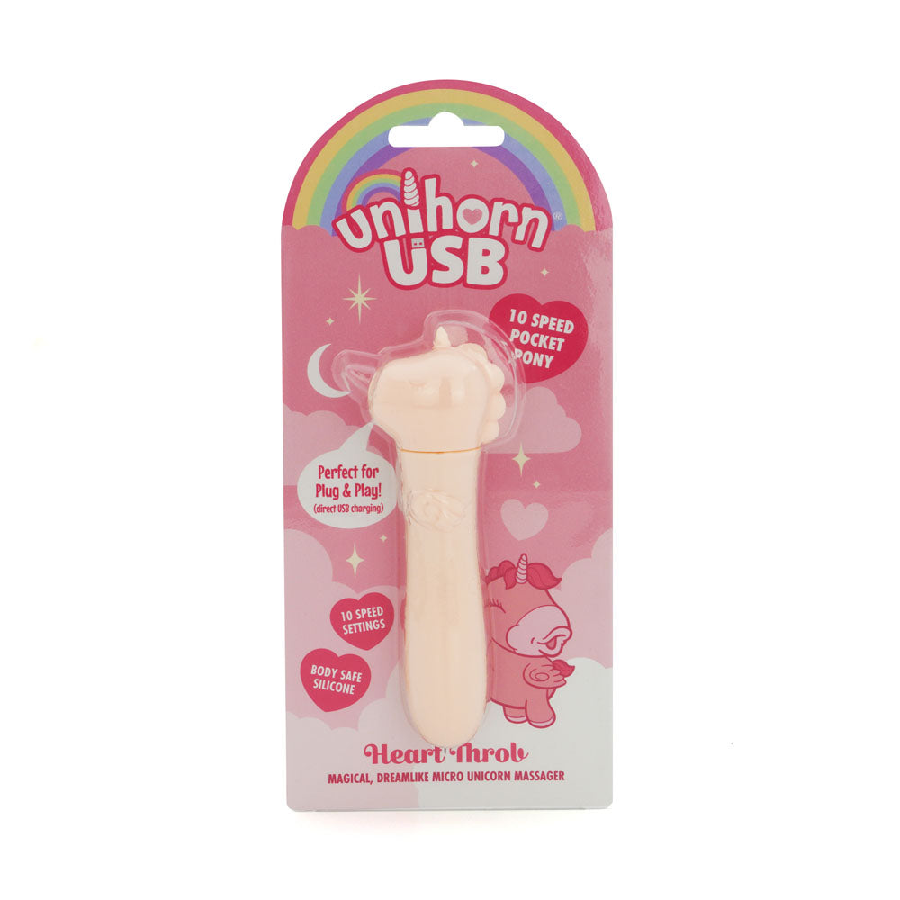 Unihorn - USB Bullet - Heart Throb - Coral USB Rechargeable Vibrating Bullet packaging displaying its features.