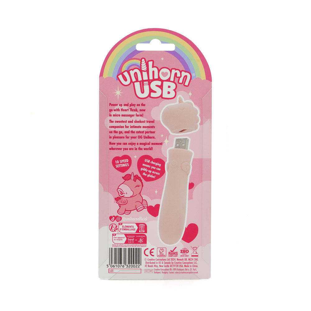 Unihorn - USB Bullet - Heart Throb - Coral USB Rechargeable Vibrating Bullet packaging with colorful design and USB connection
