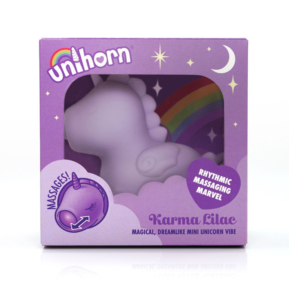 Unihorn - Karma Lilac - Lilac USB Rechargeable Flicking Stimulator in whimsical unicorn packaging.