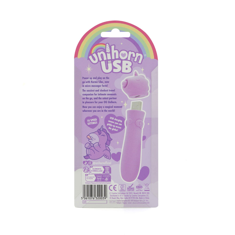 Unihorn - USB Bullet - Karma Lilac - Lilac USB Rechargeable Vibrating Bullet product packaging with playful design and features.