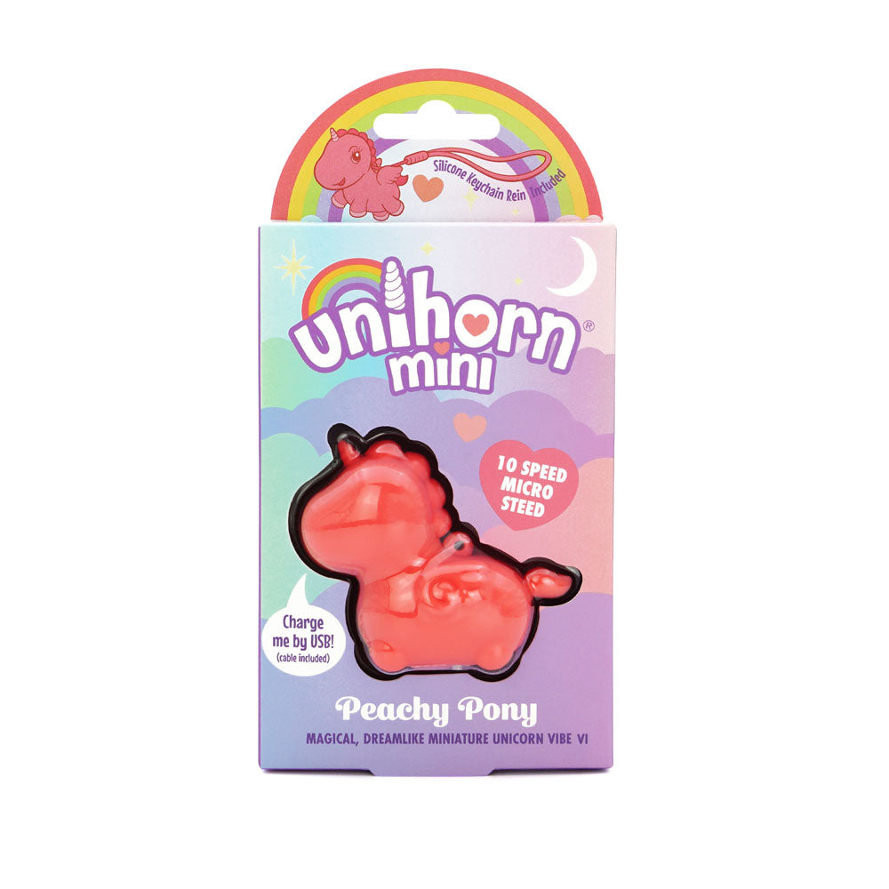 Unihorn Mini - Peachy Pony - Peach USB Rechargeable Stimulator packaging with 10 speed settings for powerful pleasure.