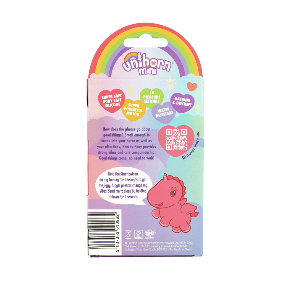 Unihorn Mini - Peachy Pony - Peach USB Rechargeable Stimulator packaging with playful design and features listed.