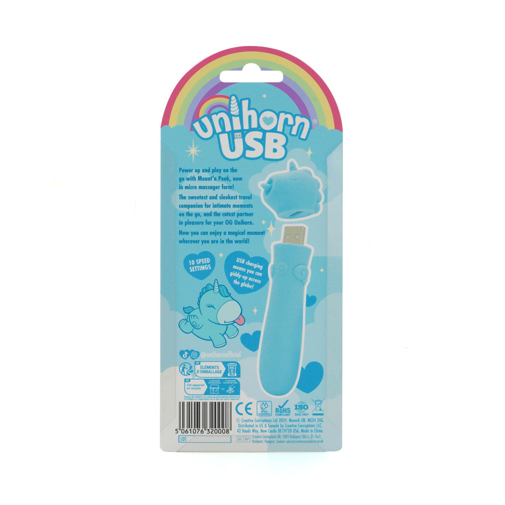 Unihorn - USB Bullet - Mount'n Peak - Teal USB Rechargeable Vibrating Bullet packaging with playful design and 10 speed settings.