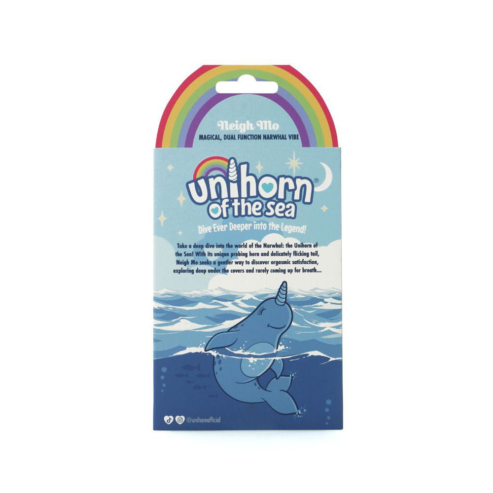 Unihorn of the Sea - Neigh Mo - The Narwhal - USB Rechargeable Dual Motor Stimulator packaging design with colorful elements.