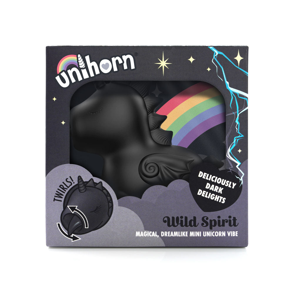 Unihorn - Wild Spirit -  USB Rechargeable Flicking Stimulator in stylish packaging, featuring a black unicorn design.