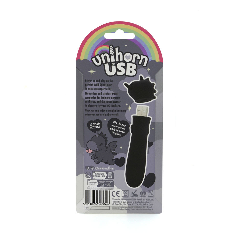 Unihorn - USB Bullet - Wild Spirit - USB Rechargeable Vibrating Bullet packaging showcasing playful design and features.