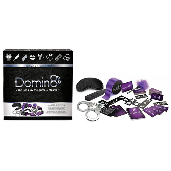 Domin8 Master Edition - Couples Bondage Game featuring bondage essentials including paddle, handcuffs, and blindfold.