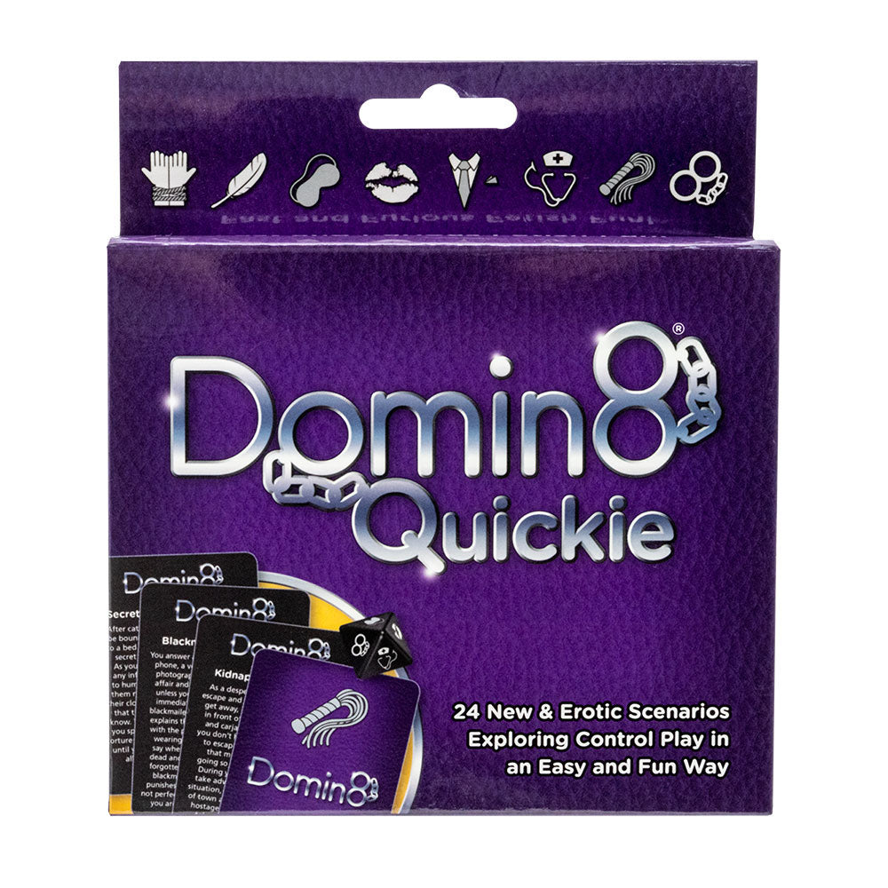 Domin8 Quickie - Couples Card Game packaging featuring 24 new erotic scenarios for intimate play.
