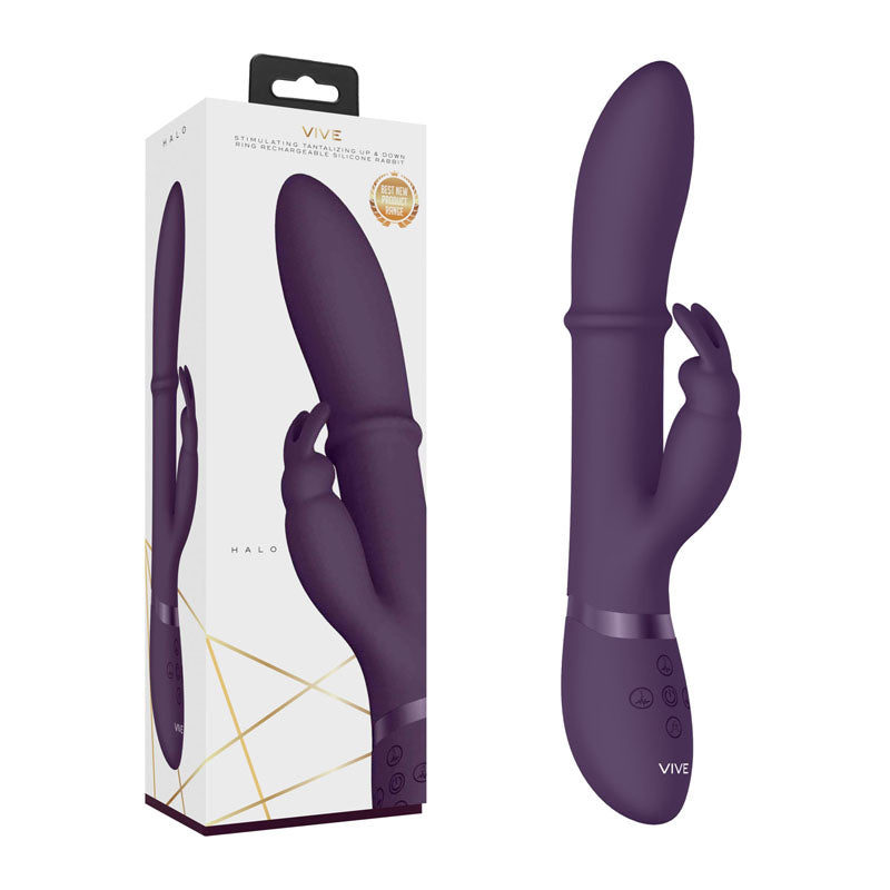 Vive Halo - 24.5 cm USB Rechargeable Rabbit Vibrator with sleek design and box packaging.