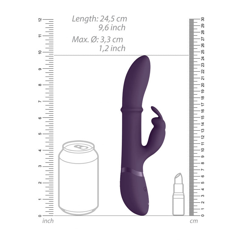 Vive Halo - 24.5 cm USB Rechargeable Rabbit Vibrator dimensions with comparison to a can and bottle.